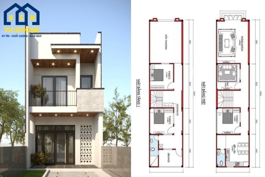 Mẫu thiết kế nhà 2 tầng 3 phòng ngủ 5x20 đẹp